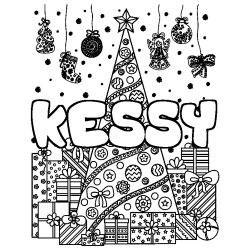 Coloring page first name KESSY - Christmas tree and presents background