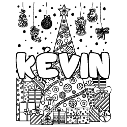 Coloring page first name KÉVIN - Christmas tree and presents background