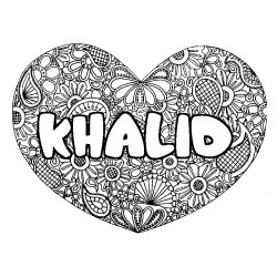 Coloring page first name KHALID - Heart mandala background