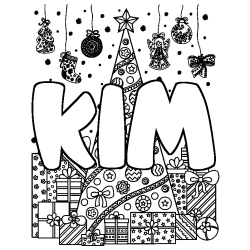 Coloring page first name KIM - Christmas tree and presents background
