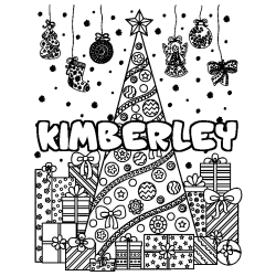 Coloring page first name KIMBERLEY - Christmas tree and presents background