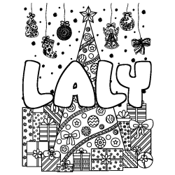 Coloring page first name LALY - Christmas tree and presents background