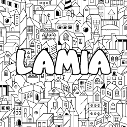 Coloring page first name LAMIA - City background