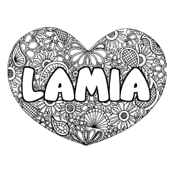 Coloring page first name LAMIA - Heart mandala background