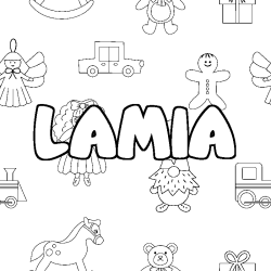 Coloring page first name LAMIA - Toys background