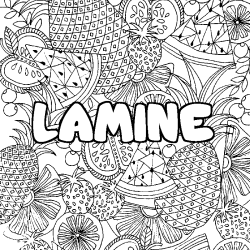 Coloring page first name LAMINE - Fruits mandala background