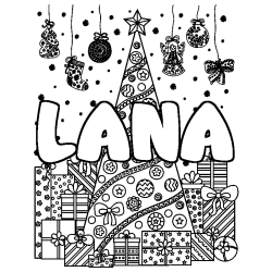 Coloring page first name LANA - Christmas tree and presents background