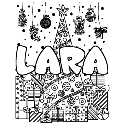 Coloring page first name LARA - Christmas tree and presents background