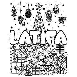 Coloring page first name LATIFA - Christmas tree and presents background