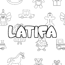 Coloring page first name LATIFA - Toys background