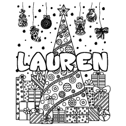 Coloring page first name LAUREN - Christmas tree and presents background