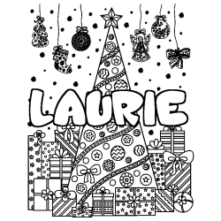 Coloring page first name LAURIE - Christmas tree and presents background