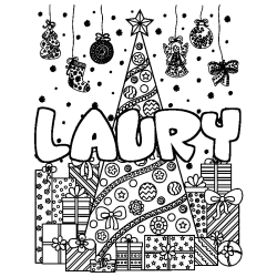 Coloring page first name LAURY - Christmas tree and presents background