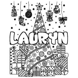 Coloring page first name LAURYN - Christmas tree and presents background