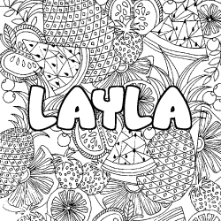 Coloring page first name LAYLA - Fruits mandala background