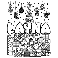 Coloring page first name LAYNA - Christmas tree and presents background