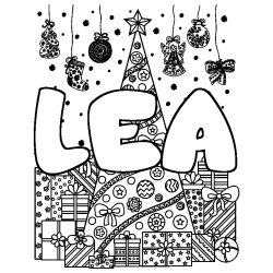 Coloring page first name LEA - Christmas tree and presents background