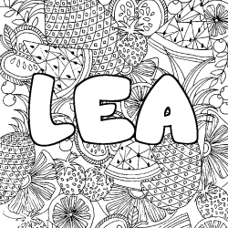Coloring page first name LEA - Fruits mandala background