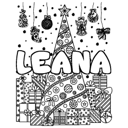 Coloring page first name LEANA - Christmas tree and presents background