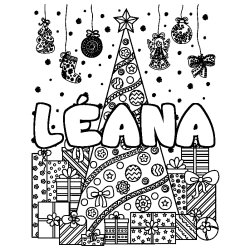 Coloring page first name LÉANA - Christmas tree and presents background