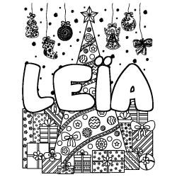 Coloring page first name LEÏA - Christmas tree and presents background