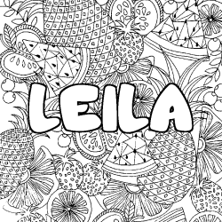 Coloring page first name LEILA - Fruits mandala background