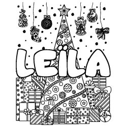 Coloring page first name LEÏLA - Christmas tree and presents background