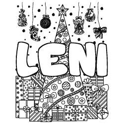 Coloring page first name LENI - Christmas tree and presents background
