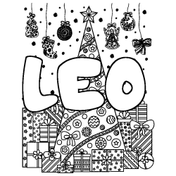 Coloring page first name LEO - Christmas tree and presents background
