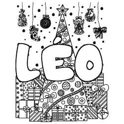 Coloring page first name LÉO - Christmas tree and presents background
