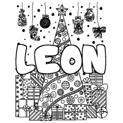 Coloring page first name LEON - Christmas tree and presents background