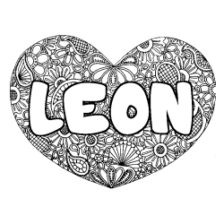 Coloring page first name LEON - Heart mandala background