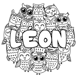 Coloring page first name LÉON - Owls background