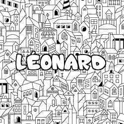 Coloring page first name LÉONARD - City background