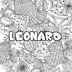 Coloring page first name LÉONARD - Fruits mandala background