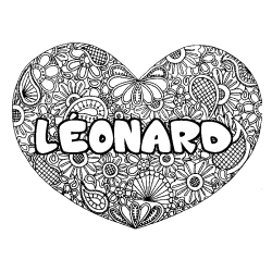 Coloring page first name LÉONARD - Heart mandala background