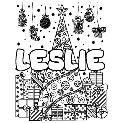 Coloring page first name LESLIE - Christmas tree and presents background