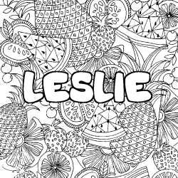 Coloring page first name LESLIE - Fruits mandala background