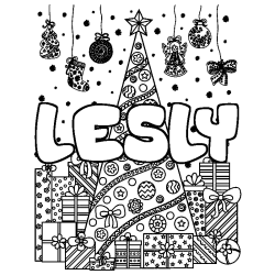 Coloring page first name LESLY - Christmas tree and presents background