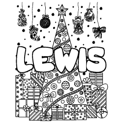 Coloring page first name LEWIS - Christmas tree and presents background