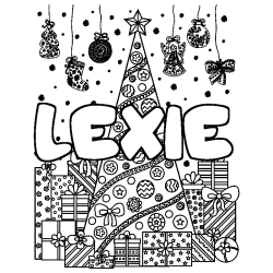 Coloring page first name LEXIE - Christmas tree and presents background