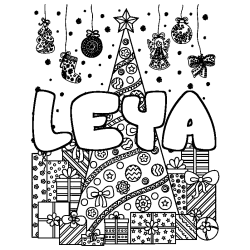 Coloring page first name LEYA - Christmas tree and presents background