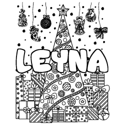 Coloring page first name LEYNA - Christmas tree and presents background