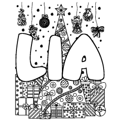 Coloring page first name LIA - Christmas tree and presents background