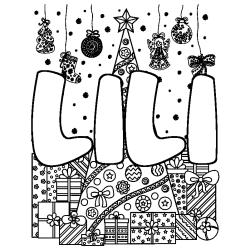Coloring page first name LILI - Christmas tree and presents background