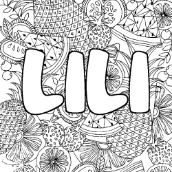 Coloring page first name LILI - Fruits mandala background