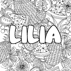Coloring page first name LILIA - Fruits mandala background