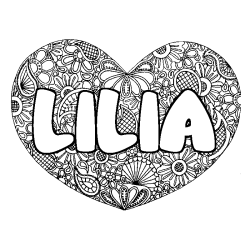 Coloring page first name LILIA - Heart mandala background