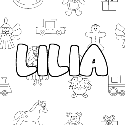 Coloring page first name LILIA - Toys background