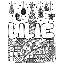 Coloring page first name LILIE - Christmas tree and presents background